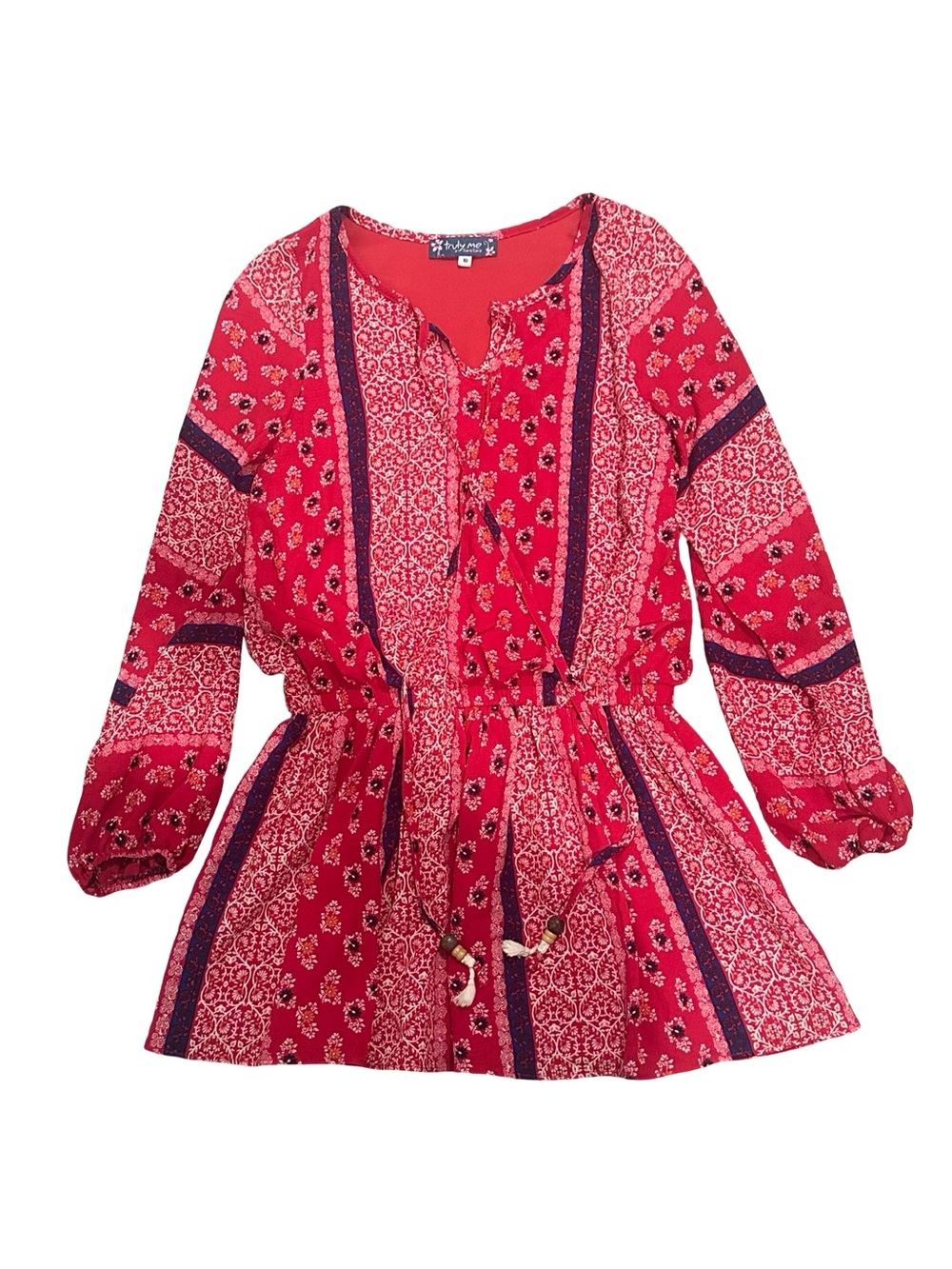EUC Truly Me Girls Size 10 Red Patterned Boho Peasant Tunic Dress